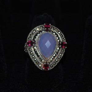 Pear-shaped Jade, Marcasite & Garnet Ring - Sz 8